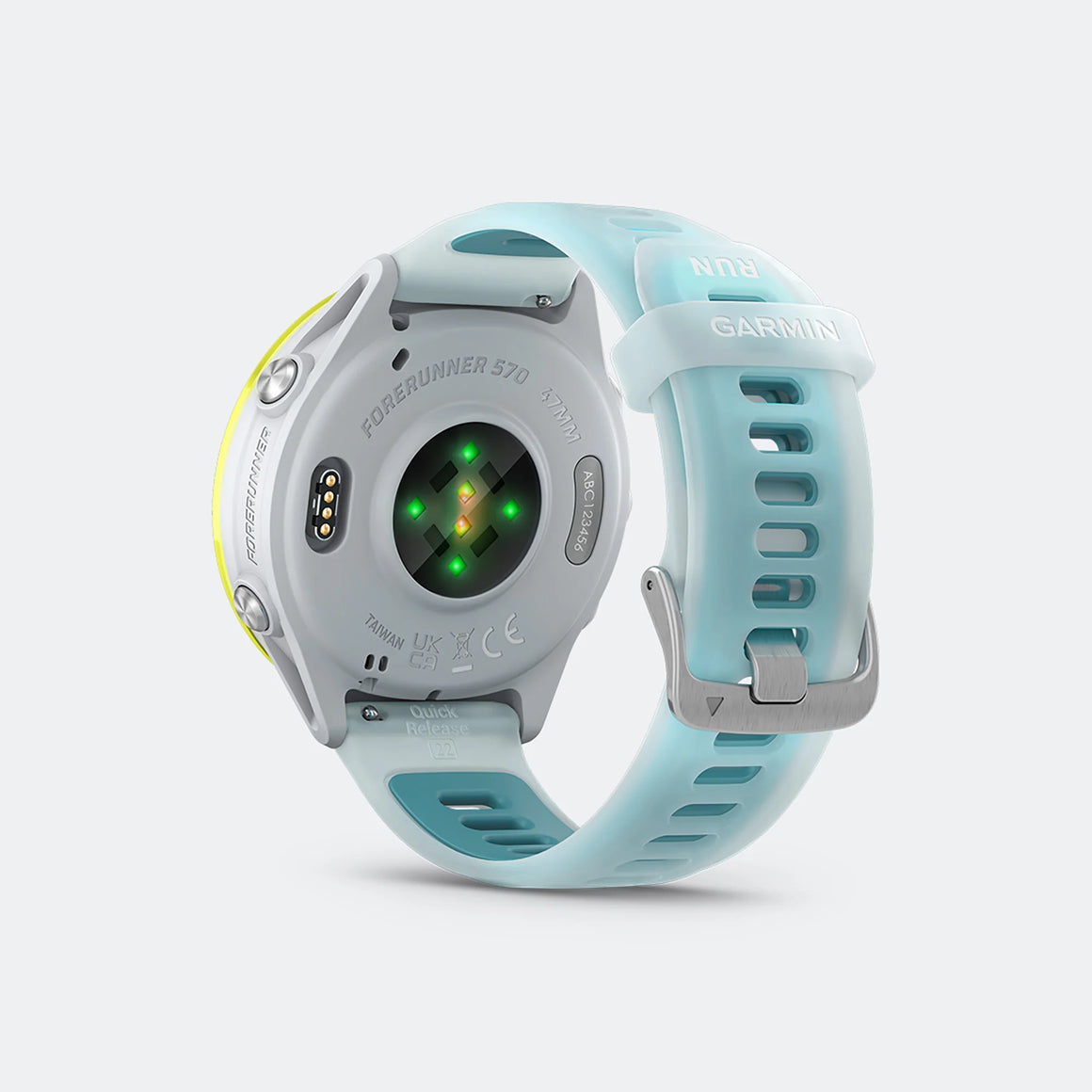Garmin - Forerunner 570 - 47mm - Amp Yellow Aluminum w/Translucent Whitestone-Turquoise Band - Up There Athletics