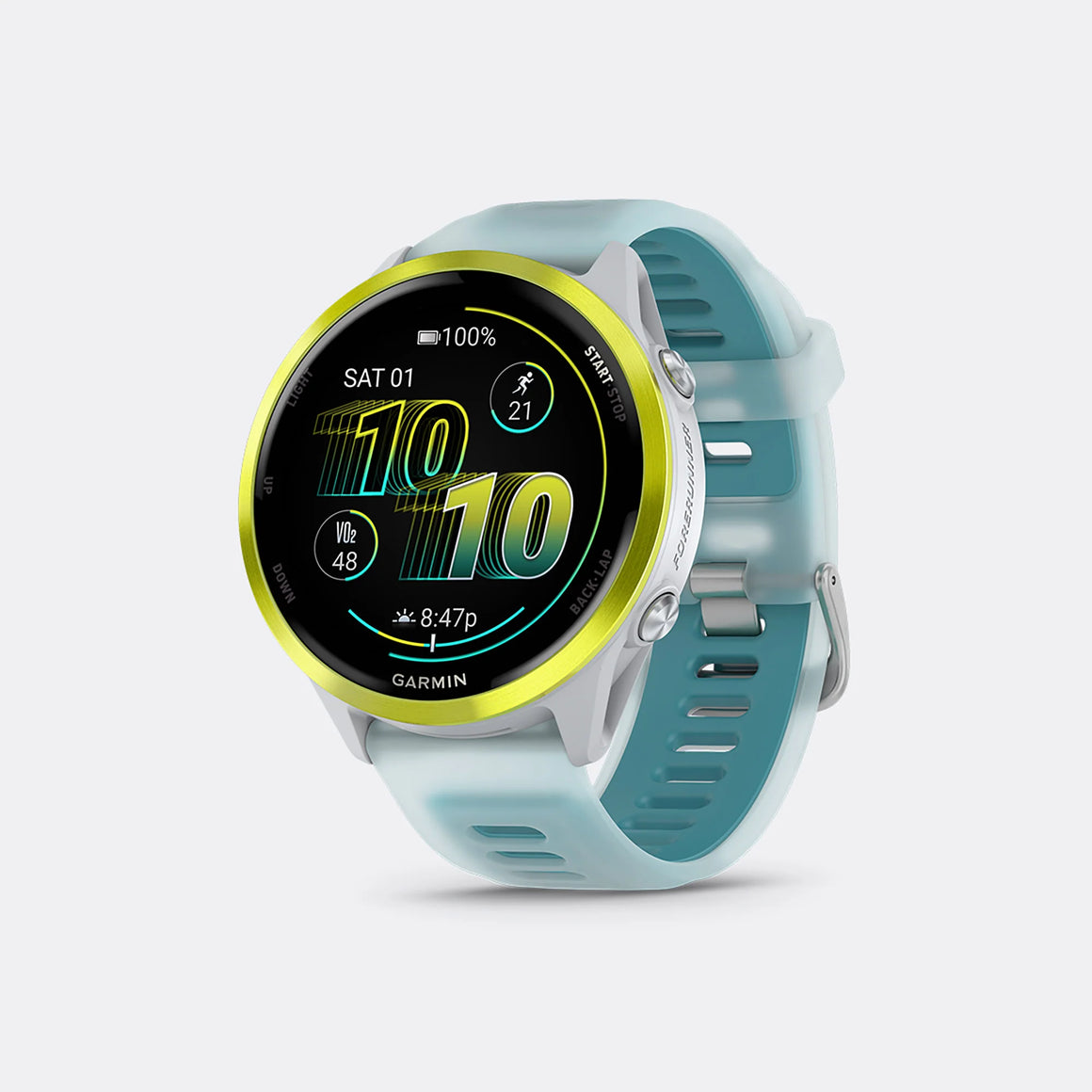 Garmin - Forerunner 570 - 47mm - Amp Yellow Aluminum w/Translucent Whitestone-Turquoise Band - Up There Athletics