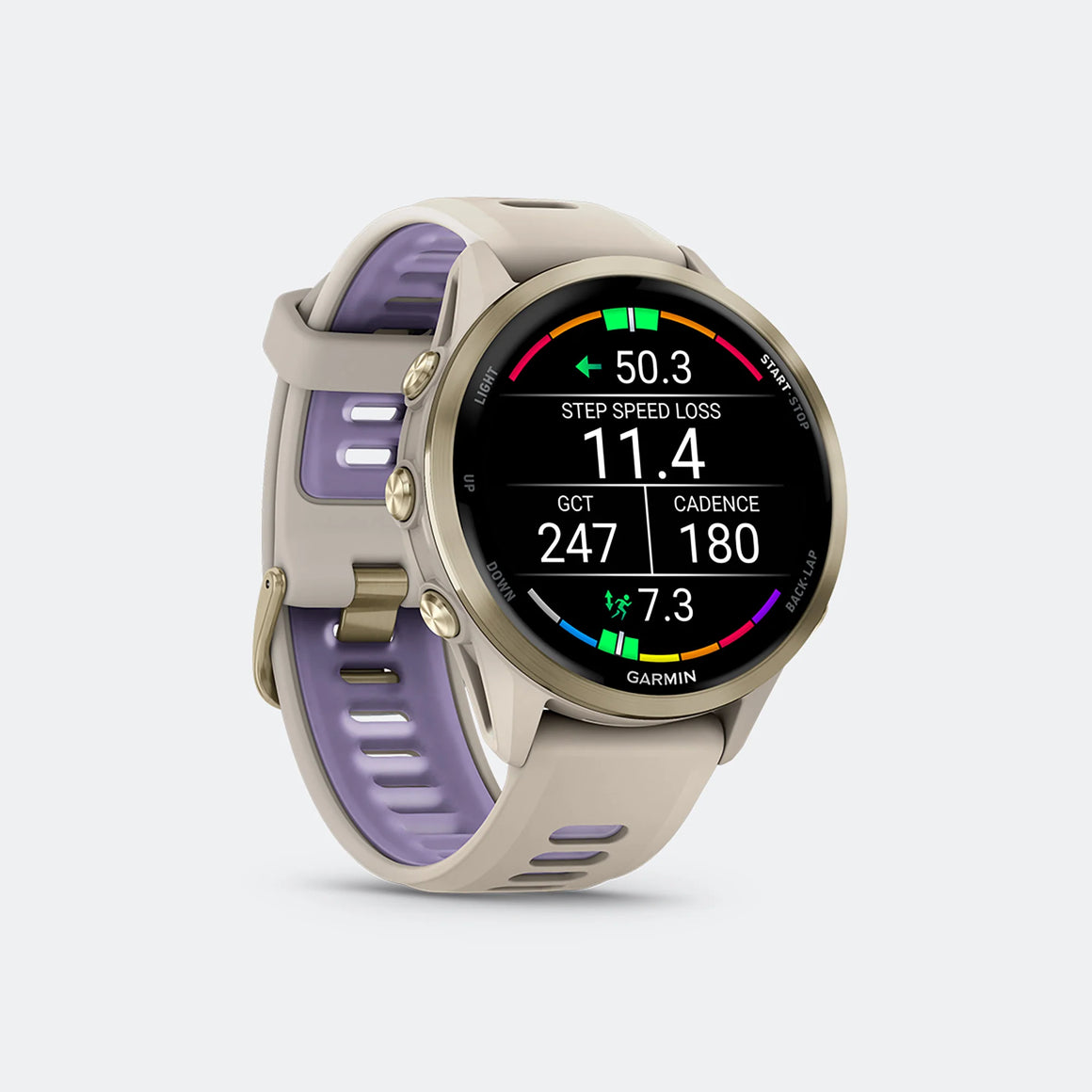 Garmin - Forerunner 970 - Soft Gold Titanium w/French Grey Case-Translucent Indigo Band - Up There Athletics