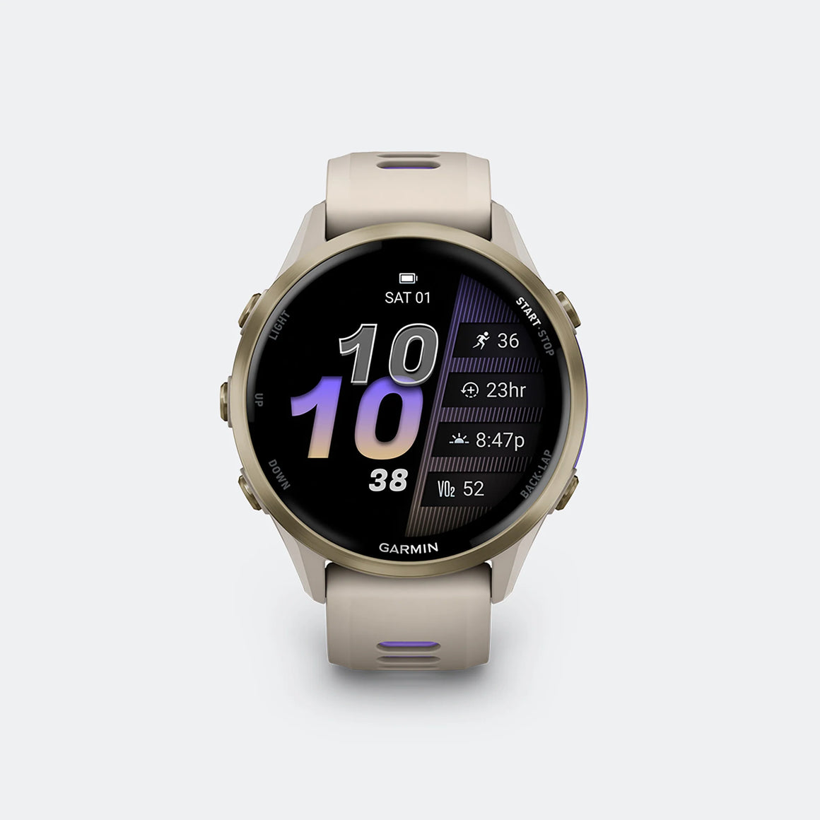 Garmin - Forerunner 970 - Soft Gold Titanium w/French Grey Case-Translucent Indigo Band - Up There Athletics