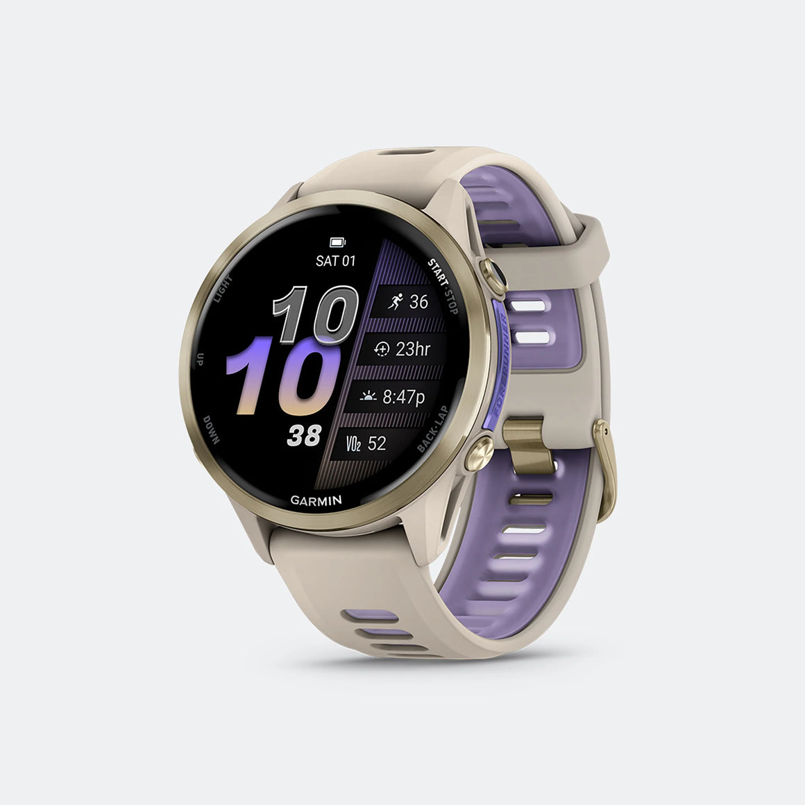 Garmin - Forerunner 970 - Soft Gold Titanium w/French Grey Case-Translucent Indigo Band - Up There Athletics