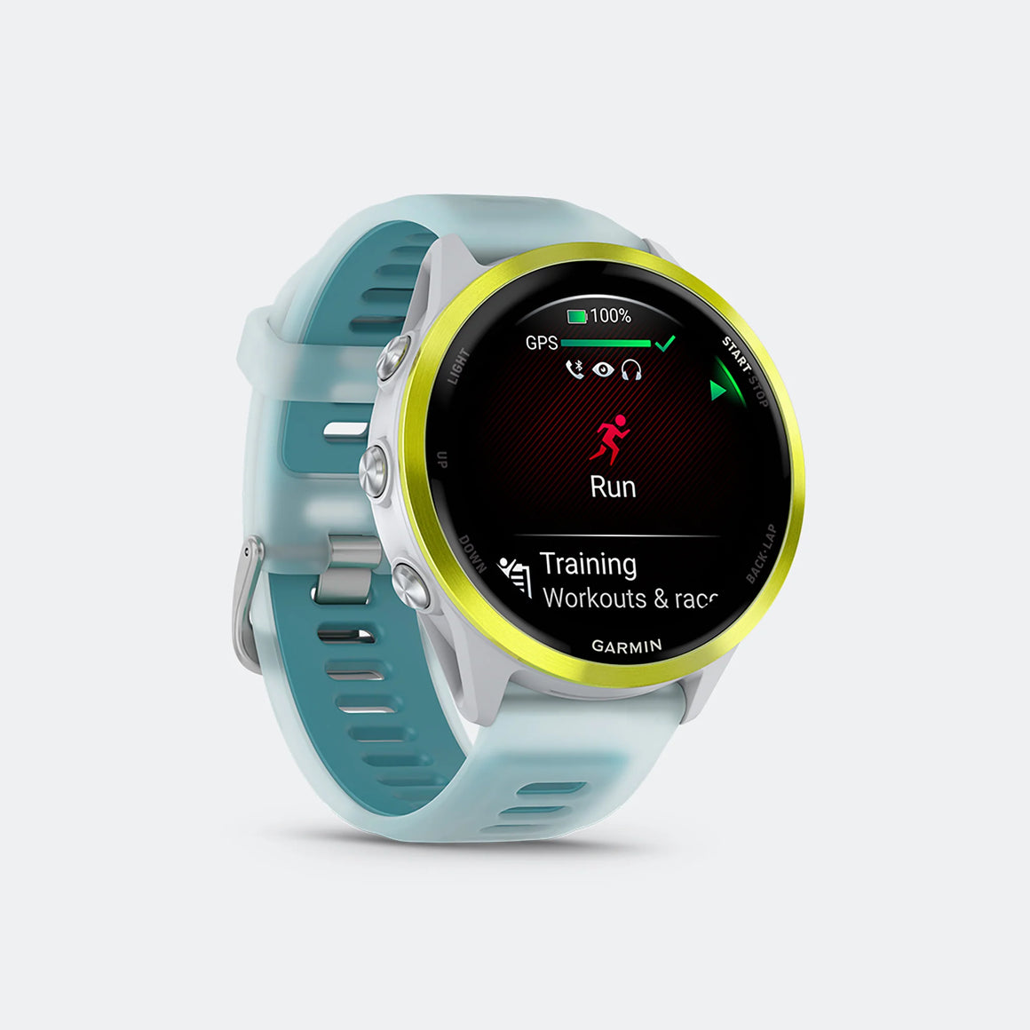 Garmin - Forerunner 570 - 47mm - Amp Yellow Aluminum w/Translucent Whitestone-Turquoise Band - Up There Athletics