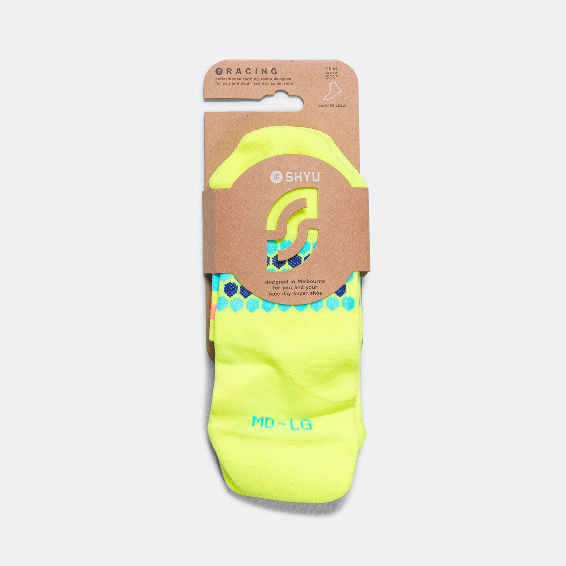 Shyu - Quarter Crew Racing Sock - Volt/Pacific/Orange - Up There Athletics