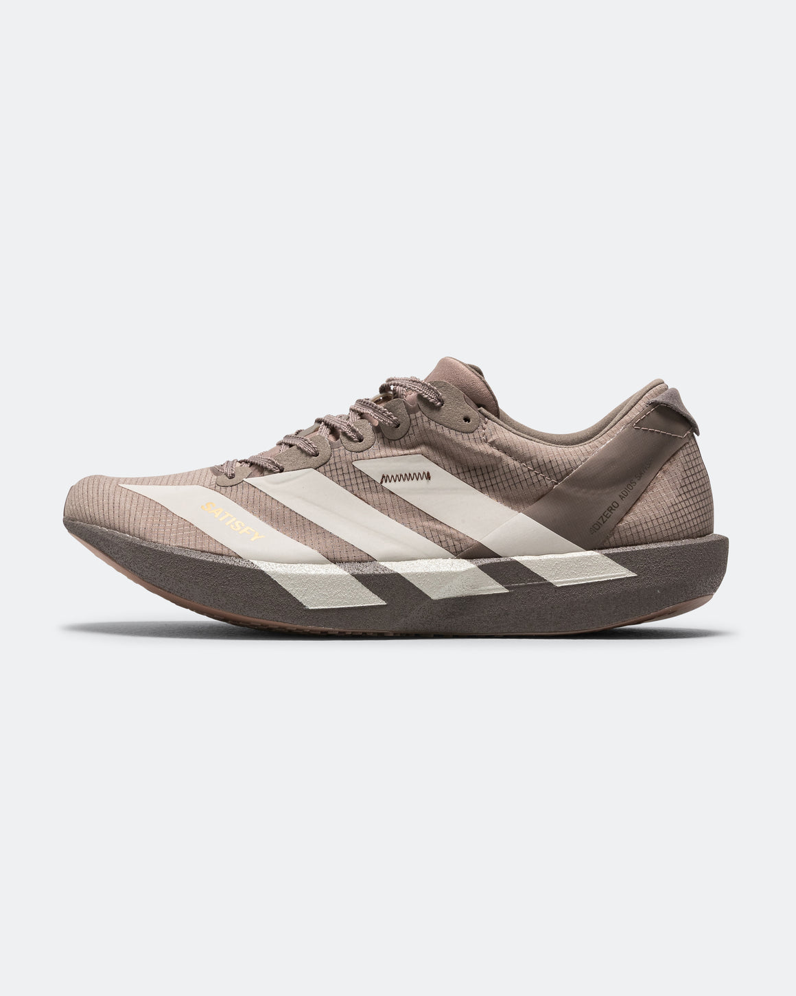 adidas - Womens Adizero Adios 9 x Satisfy - Tech Earth/Pearl Metallic-Charcoal - Up There Athletics