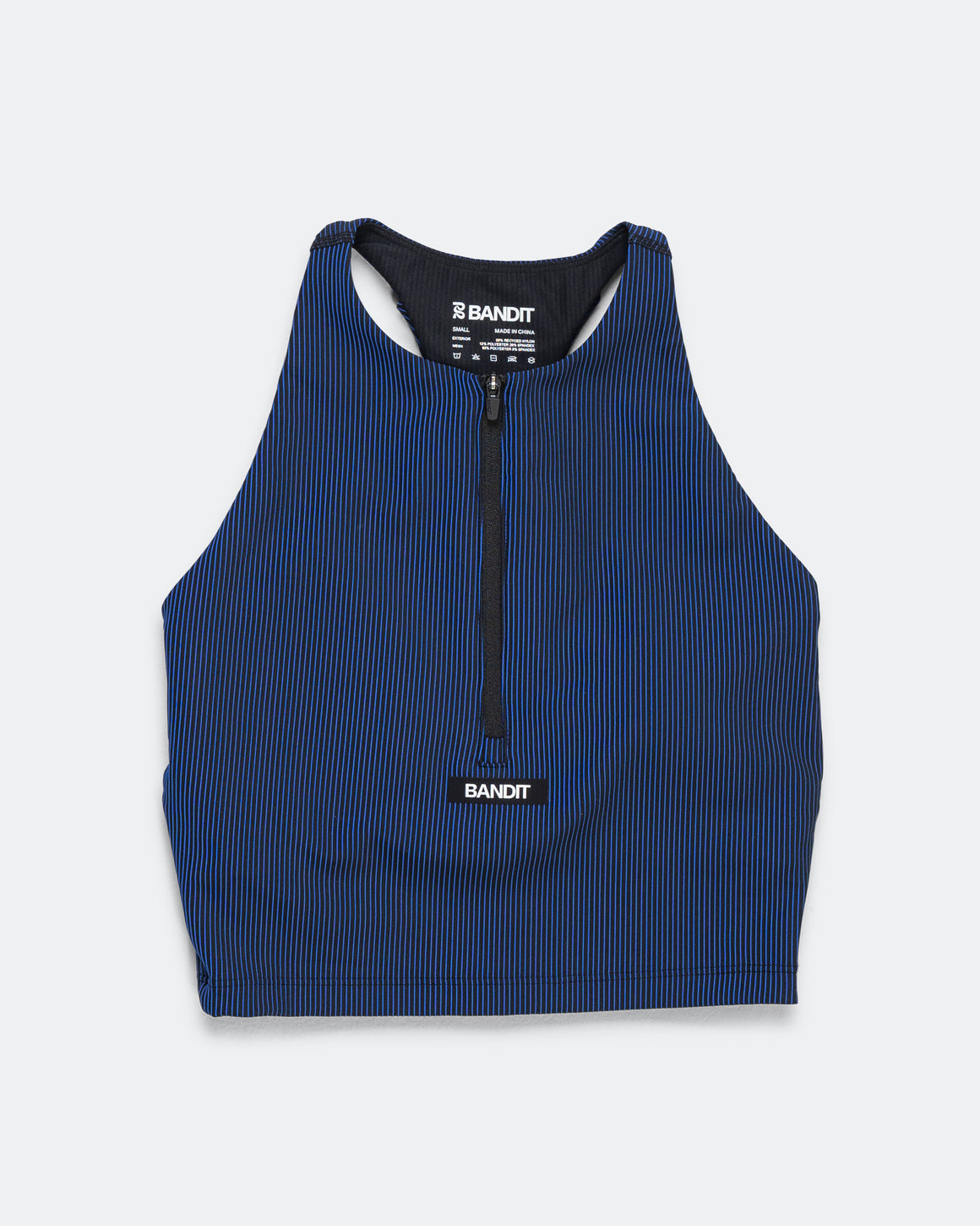 Bandit Running - Womens Striped Cadence Zip Front T-Back Race Crop - Black/Bauhaus Blue - Up There Athletics