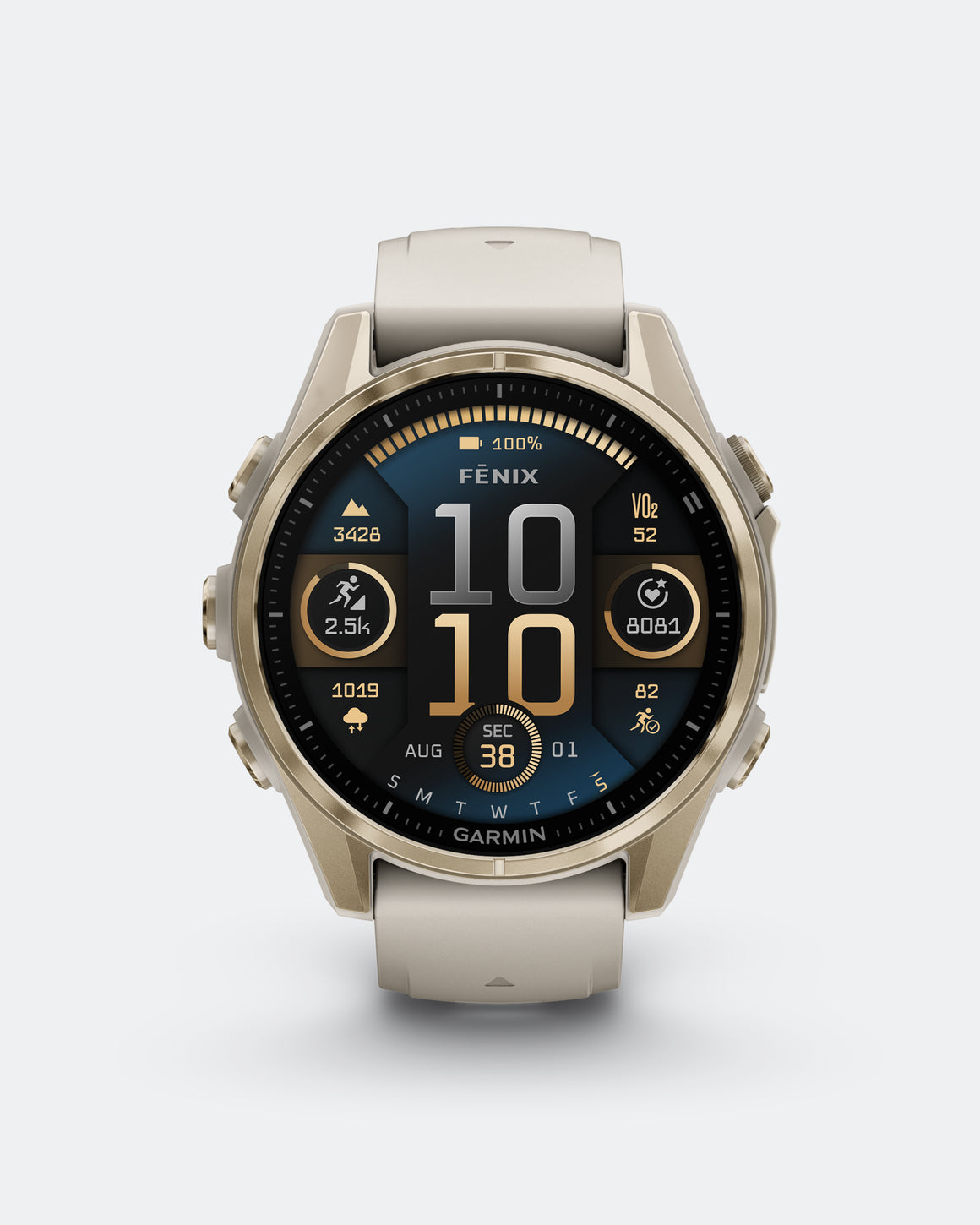 Garmin - fenix 8 - 43mm AMOLED - Sapphire/Soft Gold w/ Fog Grey/Dark Sandstone Silicone Band - Up There Athletics