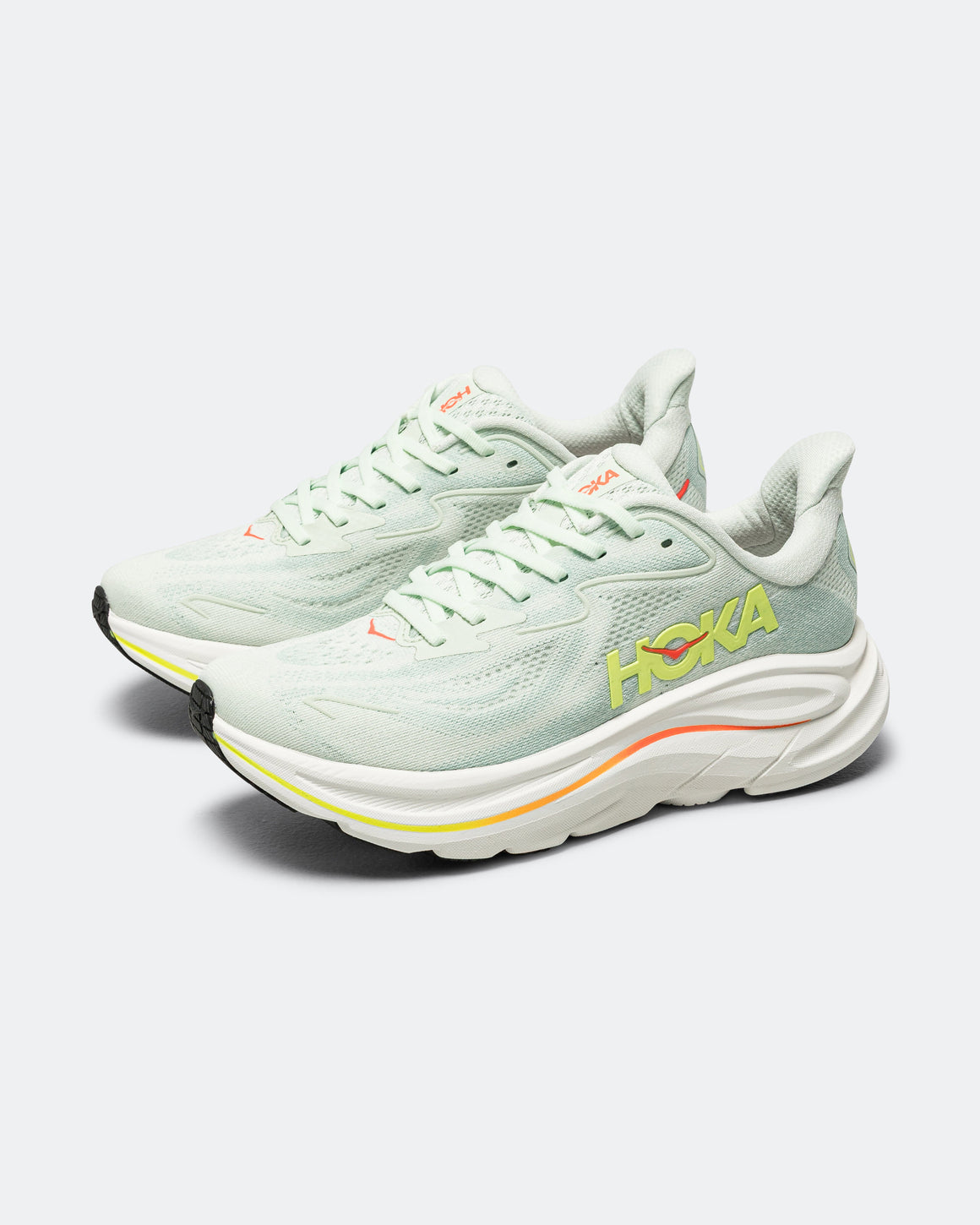 HOKA - Womens Clifton 10 - Sea Glass/Neon Flame - Up There Athletics
