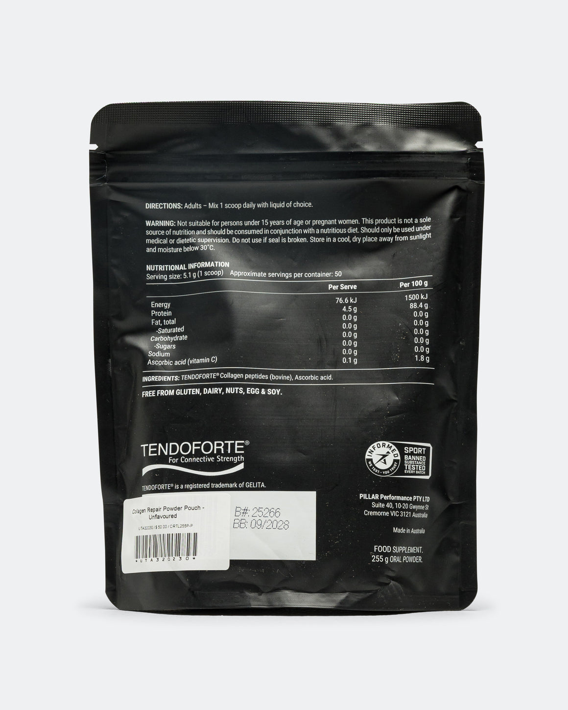 Pillar Performance - Collagen Repair Powder Pouch - Unflavoured - Up There Athletics