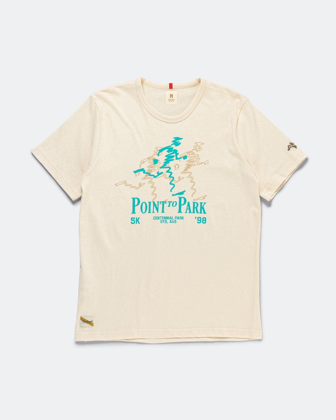 Tracksmith - Grayboy Tee - Point To Park - Ivory/Turquoise - Up There Athletics