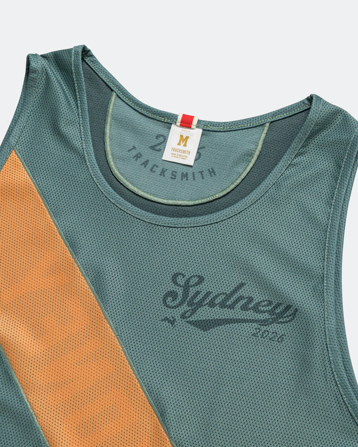 Tracksmith - Mens Reversible Singlet - Sydney 2026 - Silver Pine/Ponderosa Pine/Deep Gold - Up There Athletics